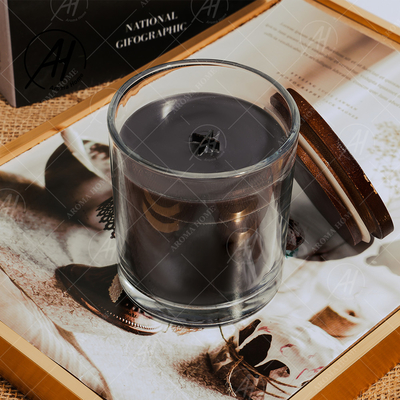 Custom Transparent Jar Black Soy Wax Vanilla Scent Candle With Wooden Lids