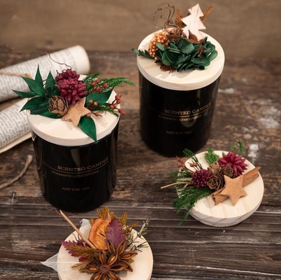 Preserved Flower Wax Wooden Lid Christmas Scented Candle Gift Box Black Green