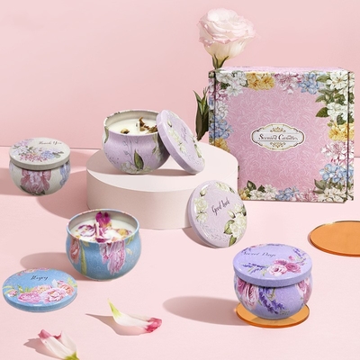 AROMA HOME 4 pcs Hot Sales Custom Wholesale Luxury Gift Set Metal Aroma Tins Jar Dried Flowers Soy Wax Scented Candles