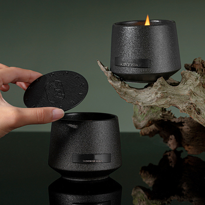 AROMA HOME Wholesale Custom Home Decorative Black Wooden Wick Frosted Creative Ceramic Metal Lid Scented Candles