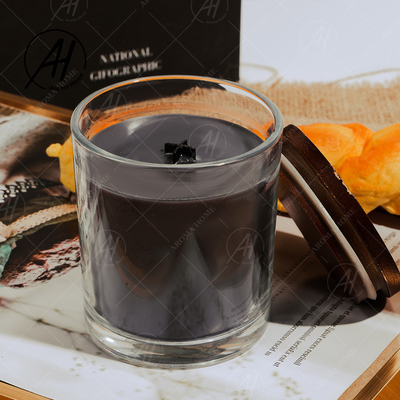 Custom Transparent Jar Black Soy Wax Vanilla Scent Candle With Wooden Lids